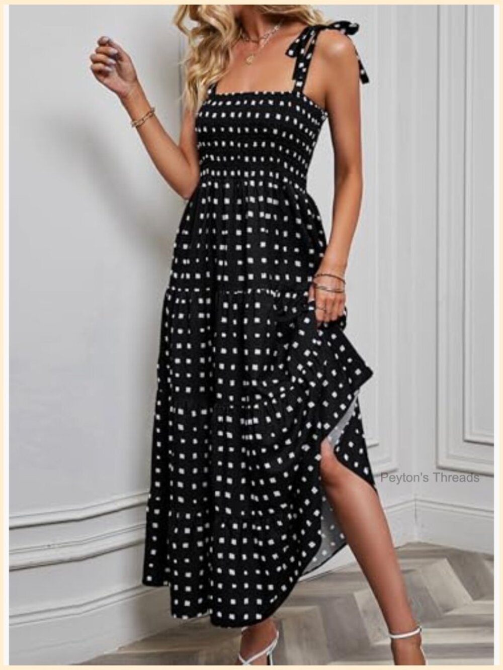 Long Strappy Tie Shoulders Flowy A-Line Maxi Tiered Beach Sundress - Picture 3 of 7